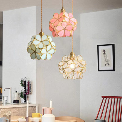 Pendant Light | Glass Petal Ball Bedside Lamp for Girl's Bedroom, Nursery & Hallway | Brass-Framed Flower Shade, Clear, Pink, Green or Blue, 22cm