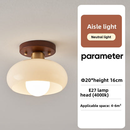 Flush Ceiling Light | French Cream Glass Ceiling Lamp with Walnut Trim for Hallway, Bedroom & Landing | 20cm or 28cm, Warm, Neutral or 3-Colour LED