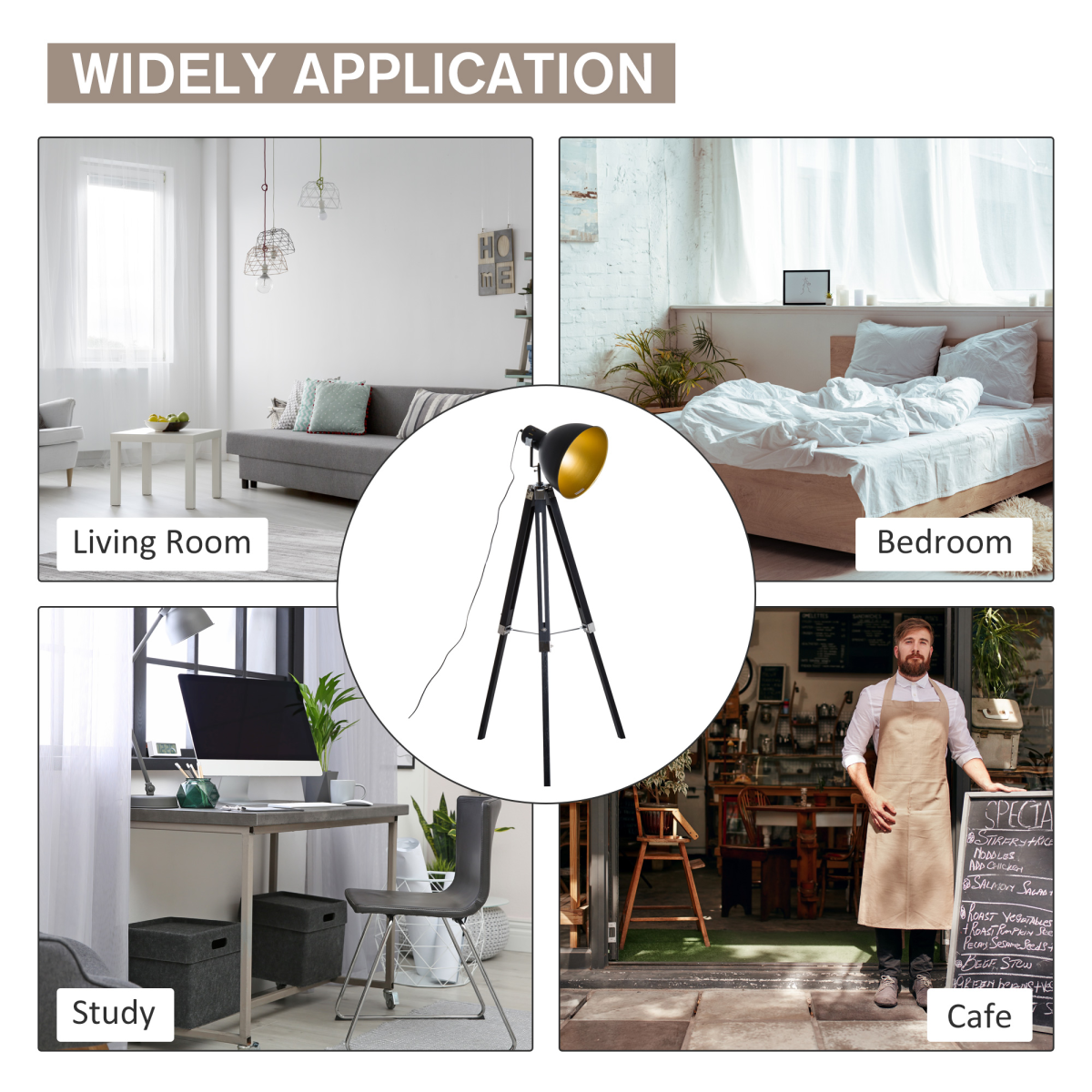 Floor Lamp | Retro Tripod Spotlight Lamp for Living Room, Bedroom & Office | Black Metal Shade, Pine Wood Legs, Adjustable 108–152cm, E27