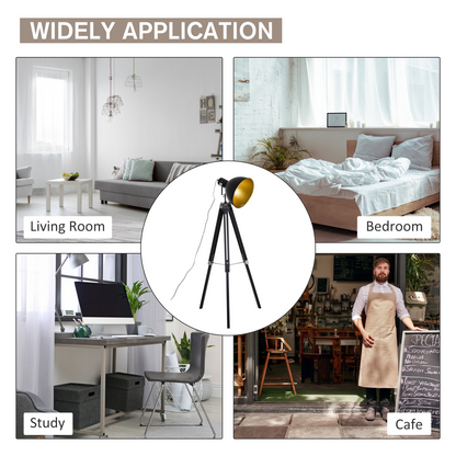 Floor Lamp | Retro Tripod Spotlight Lamp for Living Room, Bedroom & Office | Black Metal Shade, Pine Wood Legs, Adjustable 108–152cm, E27