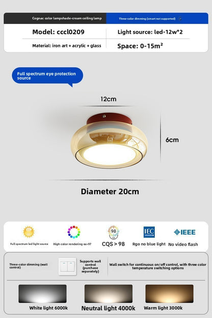 Flush Ceiling Light | Small Amber or Smoke Grey Glass Dome Lamp for Hallway, Landing, Bedroom & Porch | Mid-Century Style, 3-Colour LED, 20cm