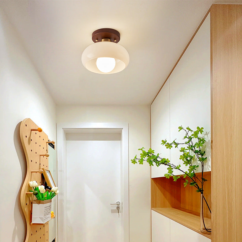 Flush Ceiling Light | French Cream Glass Ceiling Lamp with Walnut Trim for Hallway, Bedroom & Landing | 20cm or 28cm, Warm, Neutral or 3-Colour LED