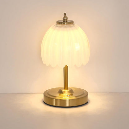 Rechargeable Table Lamp | Cordless Glass Flower Bedside Lamp for Bedroom & Dining | Touch Dimmable, Gold Stem, Green, Amber, White or Clear Glass
