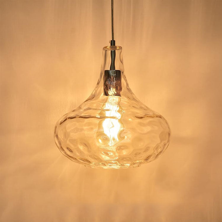 Pendant Light | Hammered Glass Gourd Lamp for Kitchen Island, Dining Table & Hallway | Clear Ripple Glass, Brushed Nickel, E27, 27cm, 120cm Cord