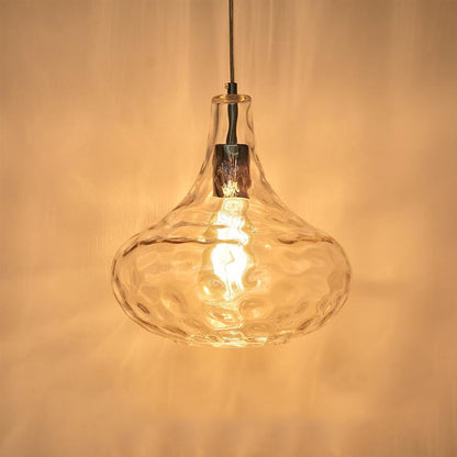 Pendant Light | Hammered Glass Gourd Lamp for Kitchen Island, Dining Table & Hallway | Clear Ripple Glass, Brushed Nickel, E27, 27cm, 120cm Cord