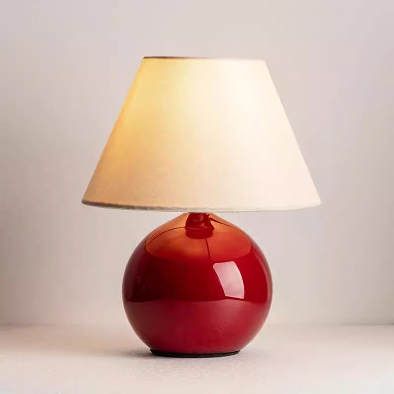 Table Lamp | Red Ceramic Ball Bedside Lamp with Cream Fabric Shade for Bedroom, Living Room & Study | Warm, 3-Colour or Dimmable LED, 36cm, UK Plug