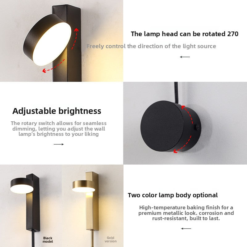Wall Light | Modern Rotating-Head Rod Reading Light for Bedside, Living Room & Stairs | Black or Gold, 7W LED, 3 Light Colours, 100cm