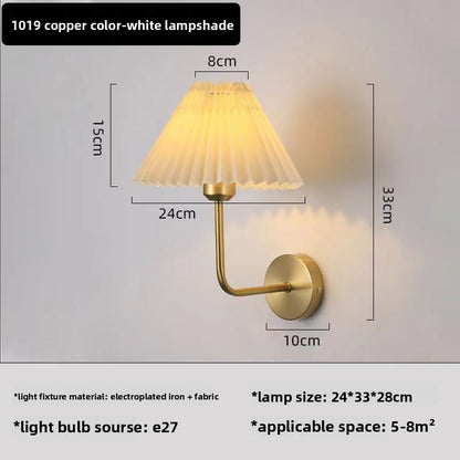 Wall Light | Pleated Fabric Shade Sconce with Curved Arm for Bedside, Bedroom & Living Room | Black or Brass, White or Apricot, E27