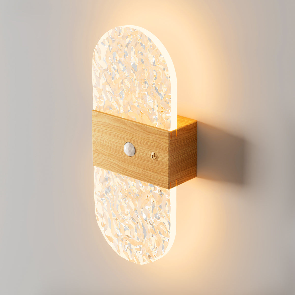 Motion Sensor Night Light | Battery Operated Crystal-Effect Wall Light for Hallway, Stairs | Stick On, No Wiring, Wood or Travertine-Effect, 20cm