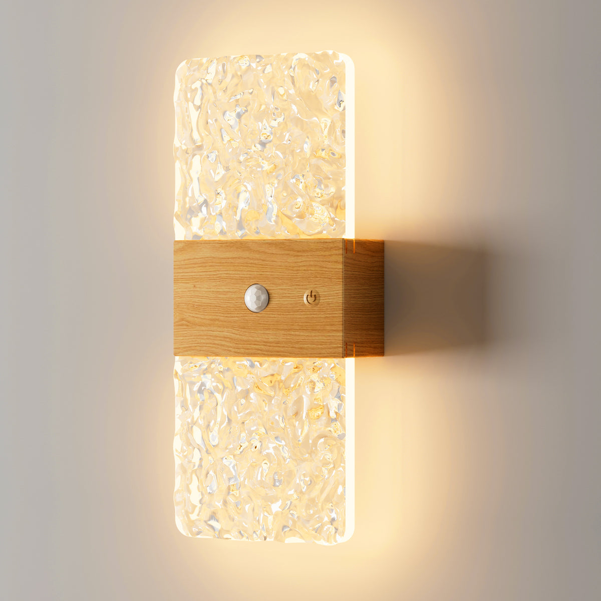 Motion Sensor Night Light | Battery Operated Crystal-Effect Wall Light for Hallway, Stairs | Stick On, No Wiring, Wood or Travertine-Effect, 20cm