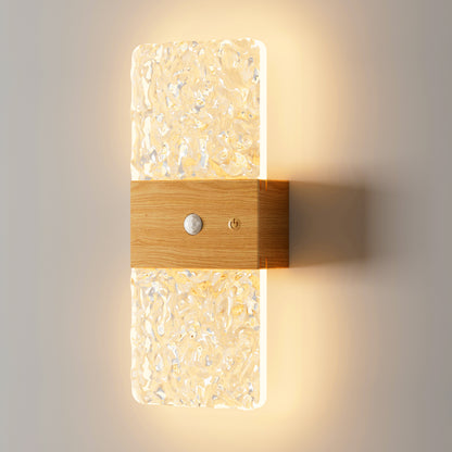 Motion Sensor Night Light | Battery Operated Crystal-Effect Wall Light for Hallway, Stairs | Stick On, No Wiring, Wood or Travertine-Effect, 20cm