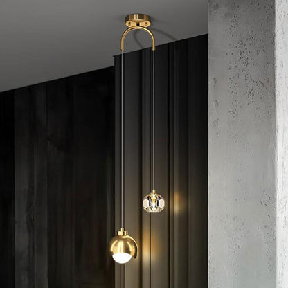 Pendant Light | Two-Light Bedside Lamp with Crystal Drop for Bedroom, Hallway & Stairwell | Black or Gold Metal Dome, G9 + E27, Bulbs Optional, 2m