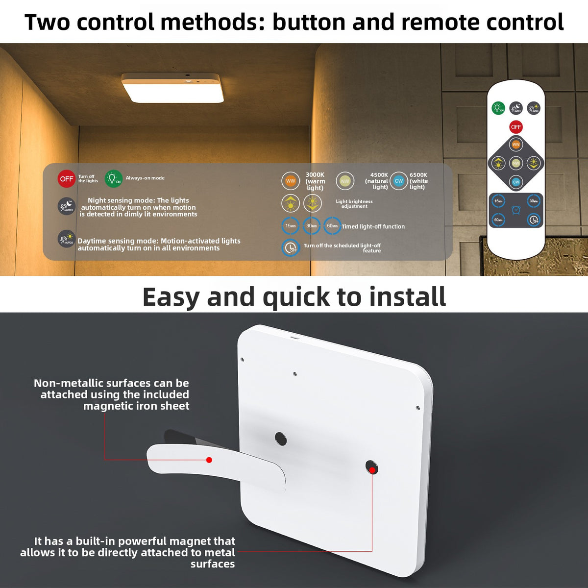 Wardrobe Light | Rechargeable Motion Sensor Ceiling Light with Remote for Wardrobes, Cupboards, Stairs & Hallways | No Wiring, Magnetic, 20cm