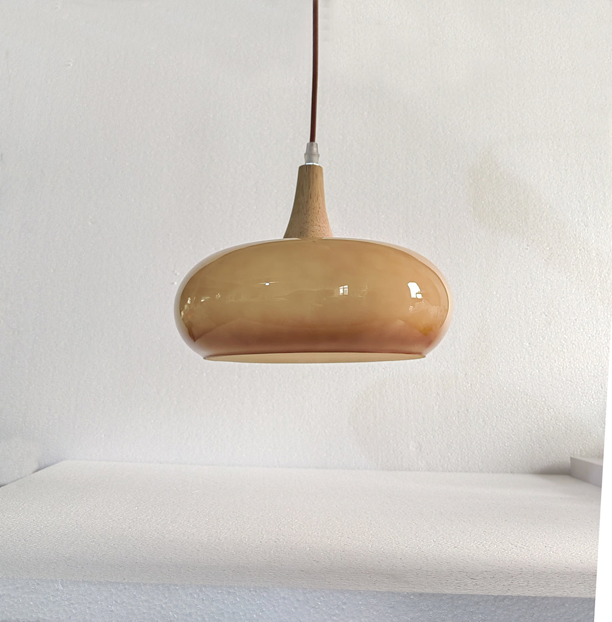 Nordic glass and wood pendant light – Brown shade, product view