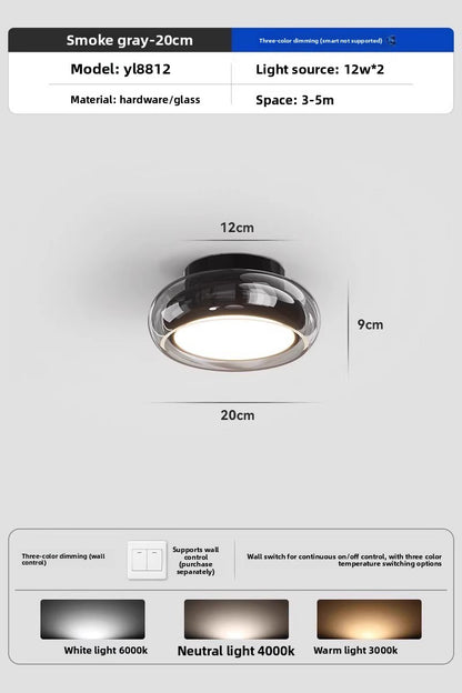 Flush Ceiling Light | Small Amber or Smoke Grey Glass Dome Lamp for Hallway, Landing, Bedroom & Porch | Mid-Century Style, 3-Colour LED, 20cm