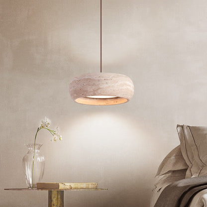 Pendant Light | Travertine Stone Disc Lamp for Bedside, Kitchen Island & Dining Table | Natural Travertine, Wabi Sabi, 3-Colour or Dimmable LED, 20cm