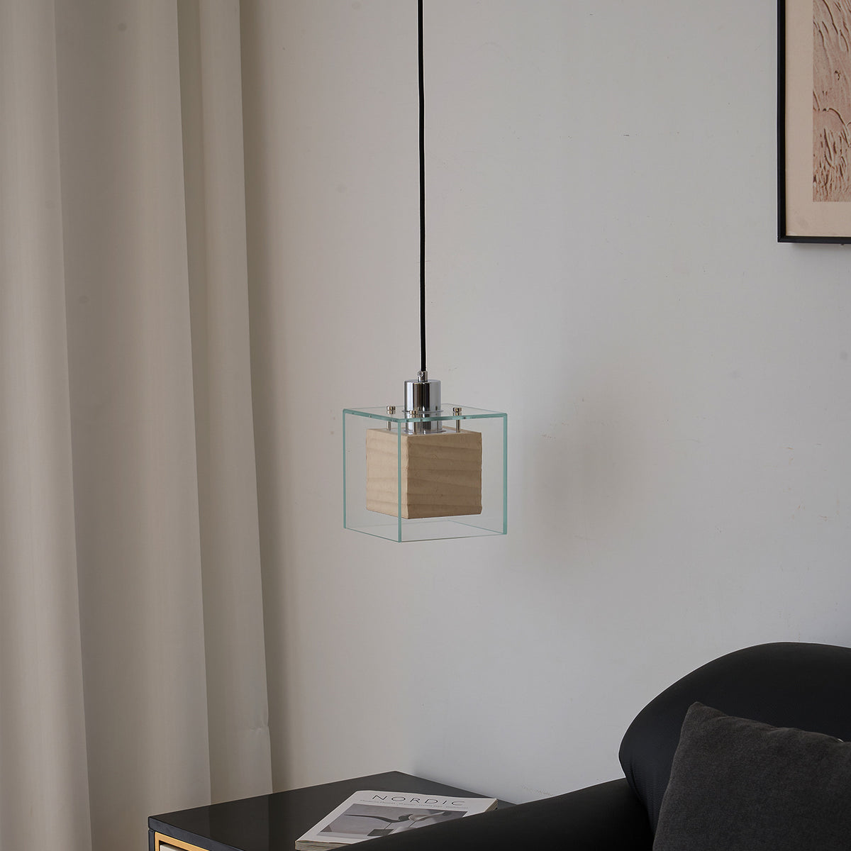Pendant Light | Glass & Paper Cube Lamp for Bedside, Bar & Kitchen Island | Japandi Clear Glass Box with Rice-Paper Shade, E27 LED, 15cm x 18cm