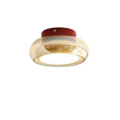 Flush Ceiling Light | Small Amber or Smoke Grey Glass Dome Lamp for Hallway, Landing, Bedroom & Porch | Mid-Century Style, 3-Colour LED, 20cm