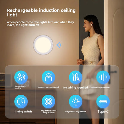 Rechargeable Ceiling Light | Motion Sensor LED Panel for Wardrobe, Cupboard, Loft, Garage & Hallway | No Wiring, Remote, 3 Light Colours, 19cm