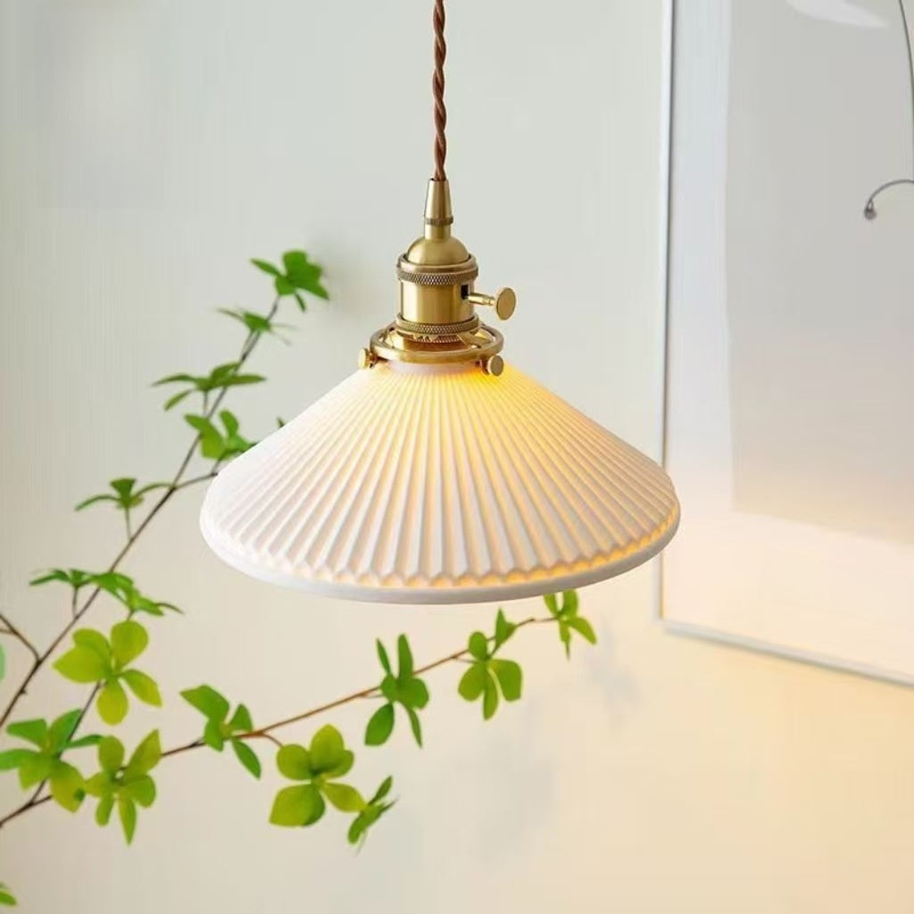 Pendant Light | Japanese Pleated Ceramic Lamp with Walnut or Brass Top for Kitchen Island, Dining Table & Bedside | White Ribbed Shade, 22.5cm