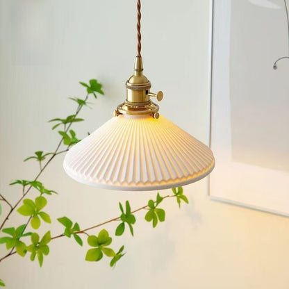 Pendant Light | Japanese Pleated Ceramic Lamp with Walnut or Brass Top for Kitchen Island, Dining Table & Bedside | White Ribbed Shade, 22.5cm