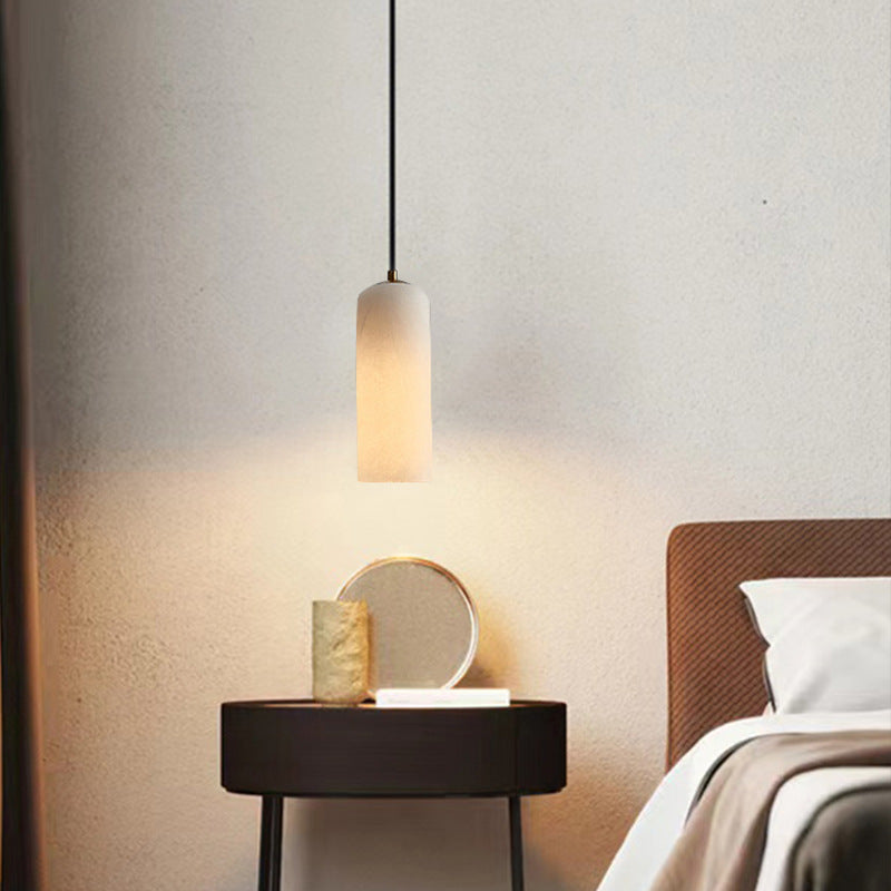 Pendant Light | Natural Marble Cylinder Mini Pendant for Bedside, Kitchen Island & Breakfast Bar | Black or Gold Canopy, LED, 10 x 26cm