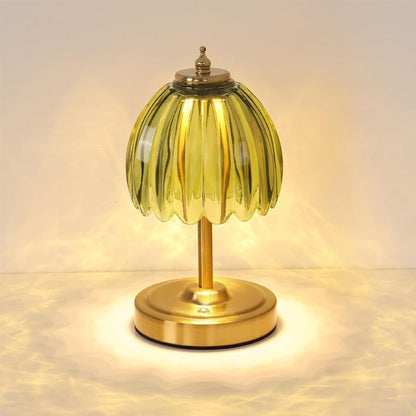 Rechargeable Table Lamp | Cordless Glass Flower Bedside Lamp for Bedroom & Dining | Touch Dimmable, Gold Stem, Green, Amber, White or Clear Glass