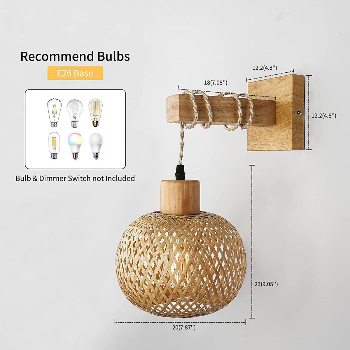 Woven Bamboo Wall Sconce with Wooden Arm for Bedroom, Bedside & Living Room – photo 3