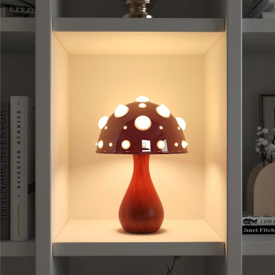 Mushroom Table Lamp | Red Toadstool Bedside Lamp for Bedroom, Kids Room & Living Room | 3-Colour Dimmable LED, White, Wood or Dark Gold, UK Plug