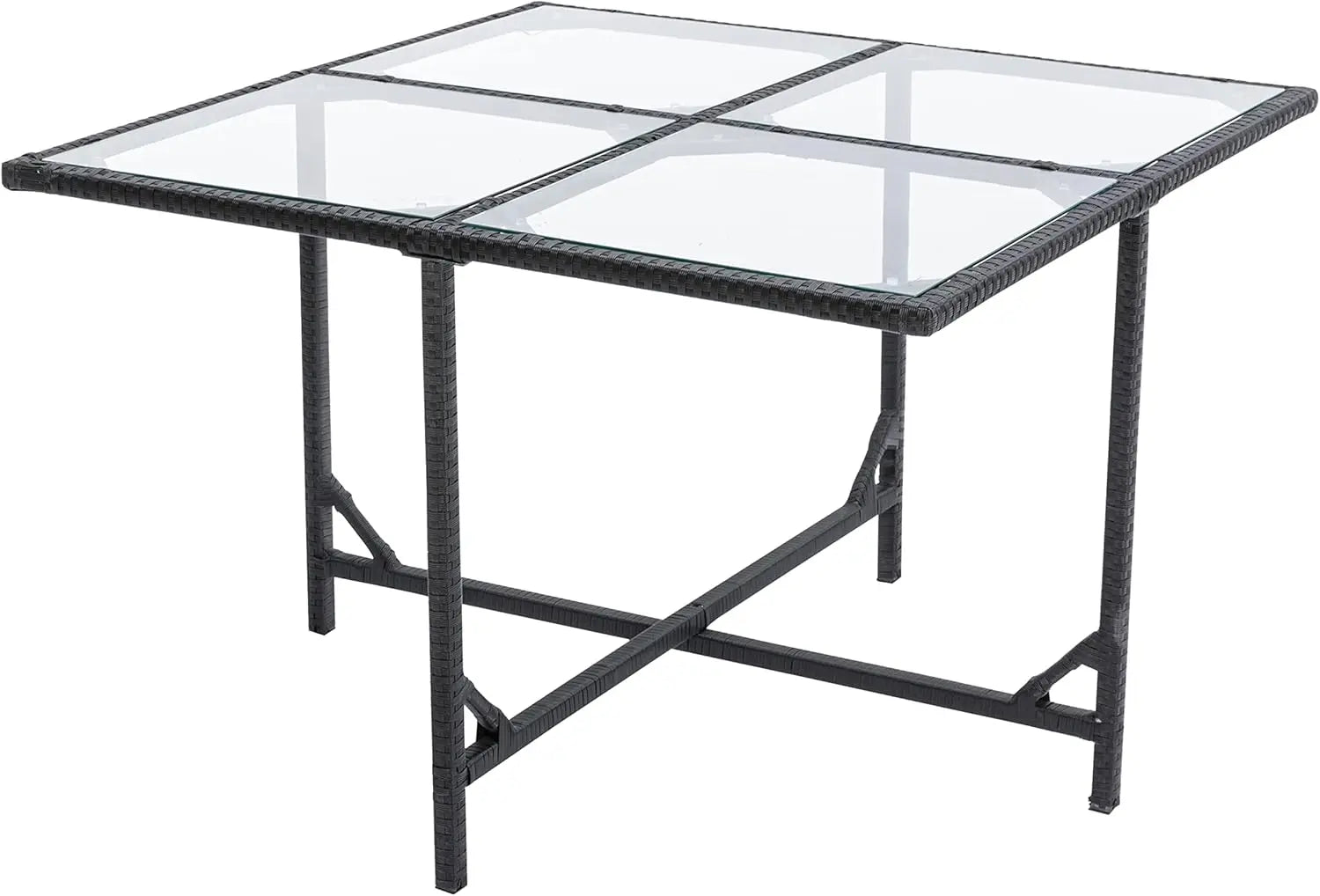 Outdoor rattan dining table glass top detail