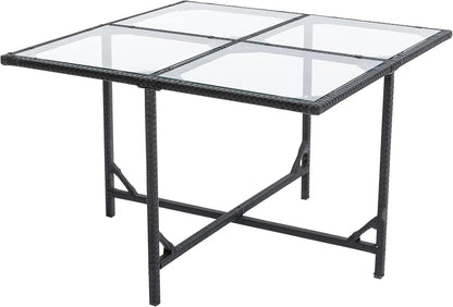 Outdoor rattan dining table glass top detail