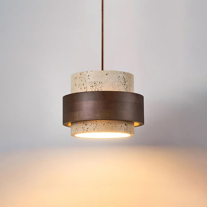 Elegant Pendant Light | Travertine Stone Shade with Walnut Wood Accent | Ambient Glow for Modern Spaces 0