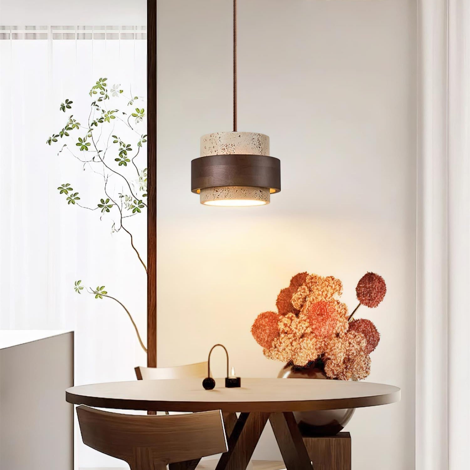 Elegant Pendant Light | Travertine Stone Shade with Walnut Wood Accent | Ambient Glow for Modern Spaces 3