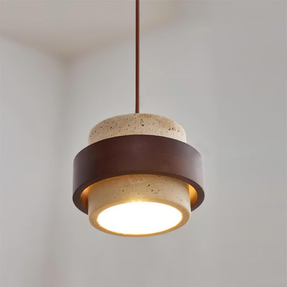 Elegant Pendant Light | Travertine Stone Shade with Walnut Wood Accent | Ambient Glow for Modern Spaces 4