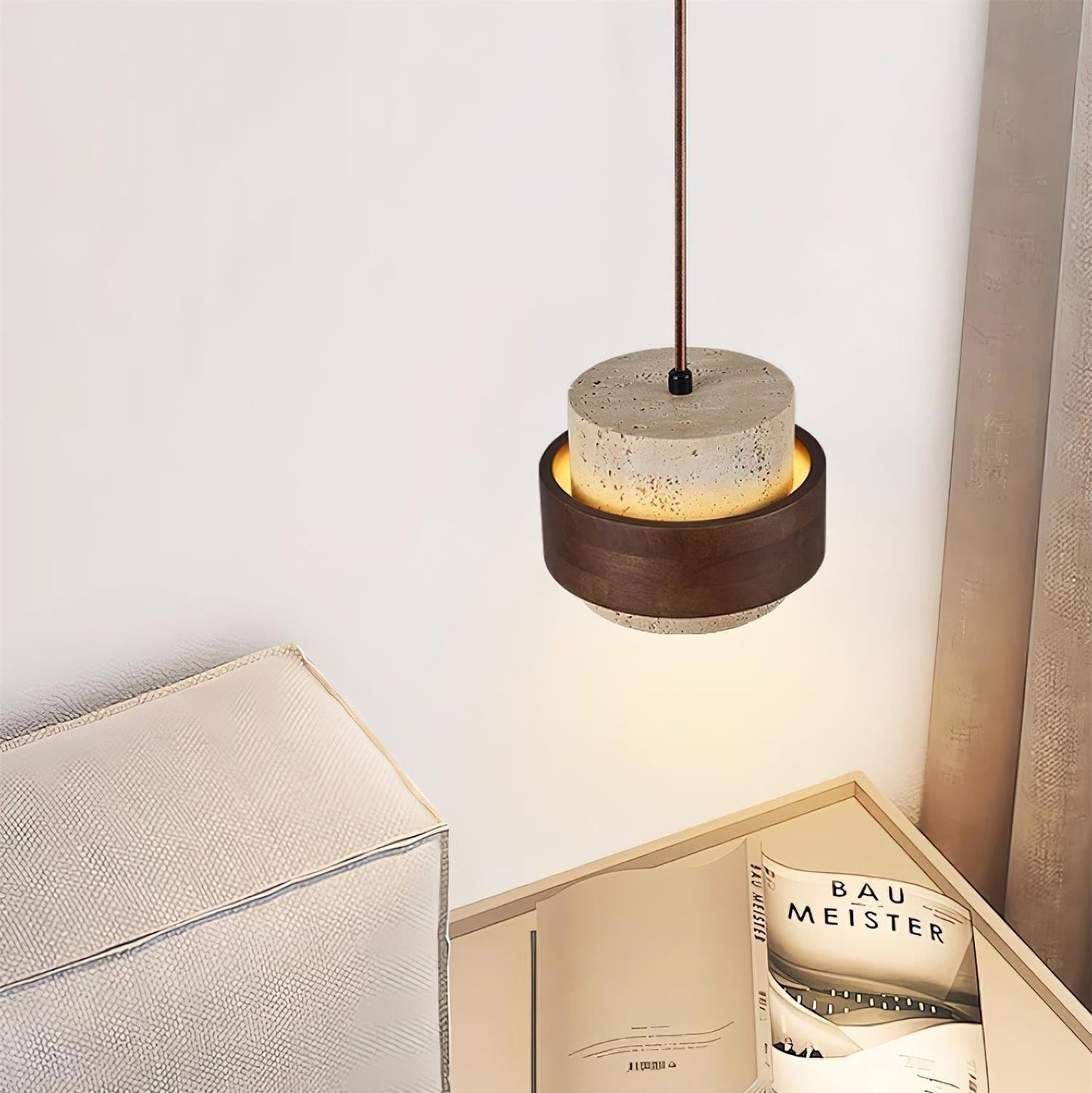 Elegant Pendant Light | Travertine Stone Shade with Walnut Wood Accent | Ambient Glow for Modern Spaces 5