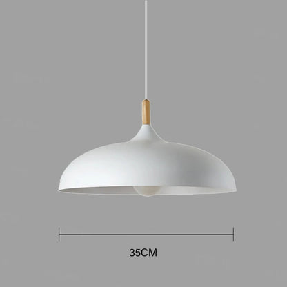 White 35cm macaron dome pendant light with oak wood stem