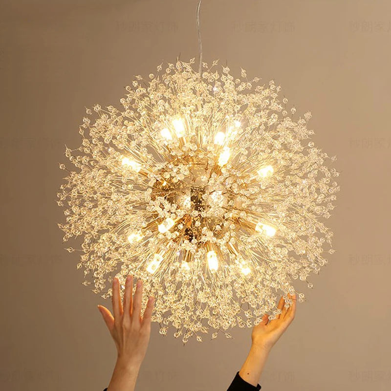 Gold dandelion crystal chandelier sparkling above a dining table