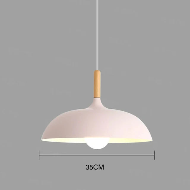 Blush pink 35cm macaron dome pendant light with oak wood stem
