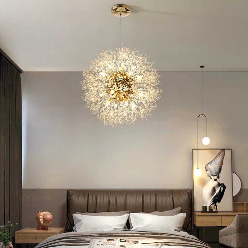 Crystal dandelion sphere chandelier lit in a modern living room