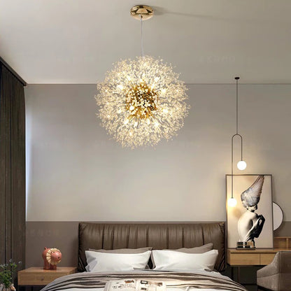 Crystal dandelion sphere chandelier lit in a modern living room
