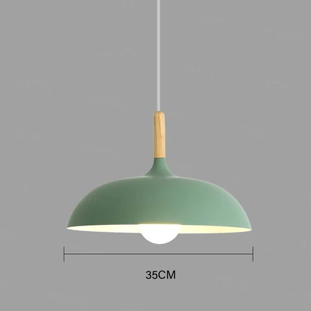Sage green 35cm macaron dome pendant light with oak wood stem