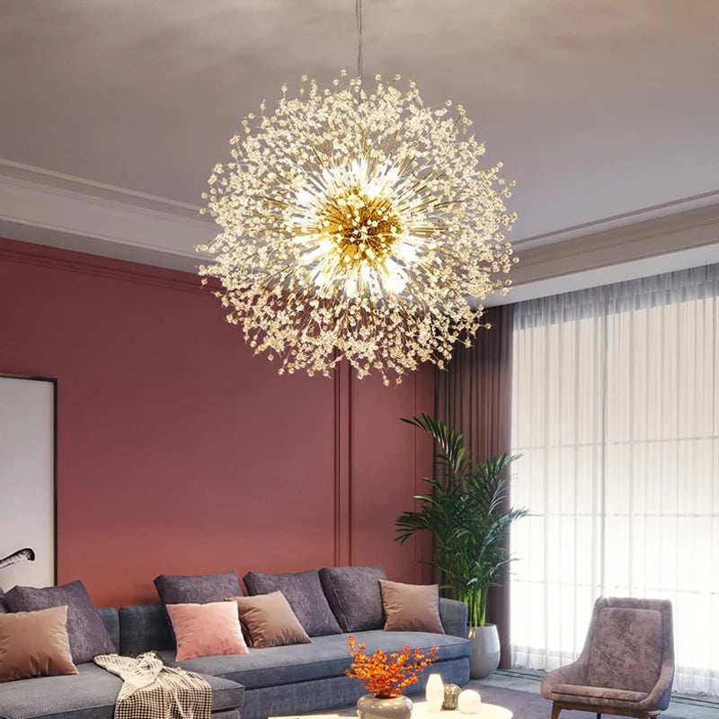 Dandelion crystal chandelier glowing in a hallway entrance