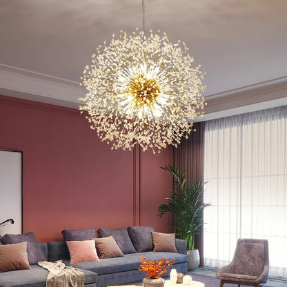 Dandelion crystal chandelier glowing in a hallway entrance