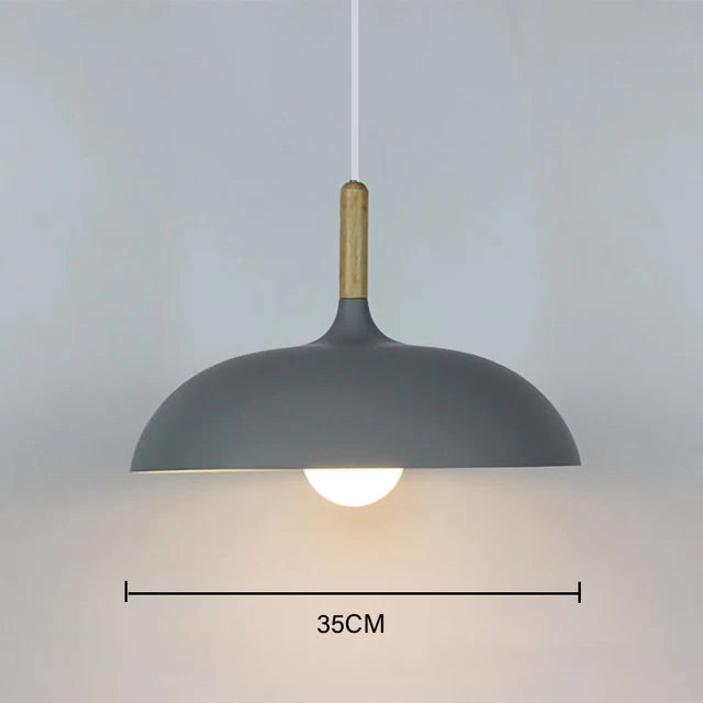 Slate grey 35cm macaron dome pendant light with oak wood stem