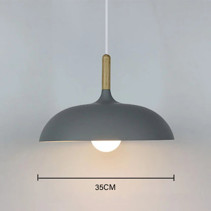 Slate grey 35cm macaron dome pendant light with oak wood stem
