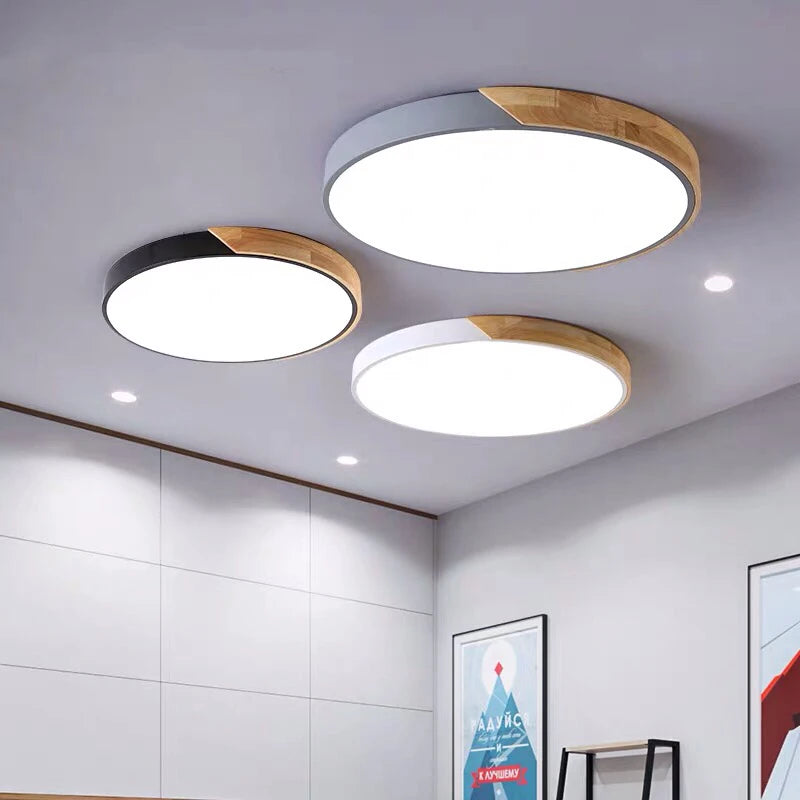 Round LED ceiling light dimmable macaron wooden frame