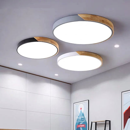 Round LED ceiling light dimmable macaron wooden frame
