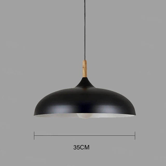 Black 35cm macaron dome pendant light with oak wood stem