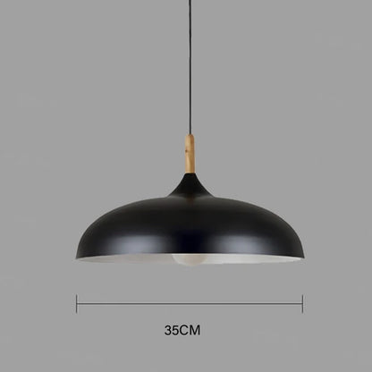 Black 35cm macaron dome pendant light with oak wood stem