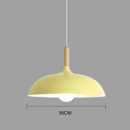 Soft yellow 35cm macaron dome pendant light with oak wood stem